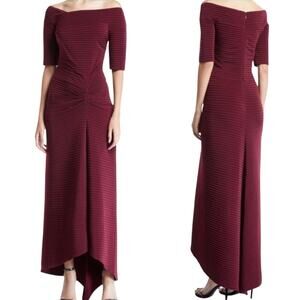 Tadashi Shoji Avitus Pintuck Gown High Low Hem Partial Sleeve Gathered Maroon L